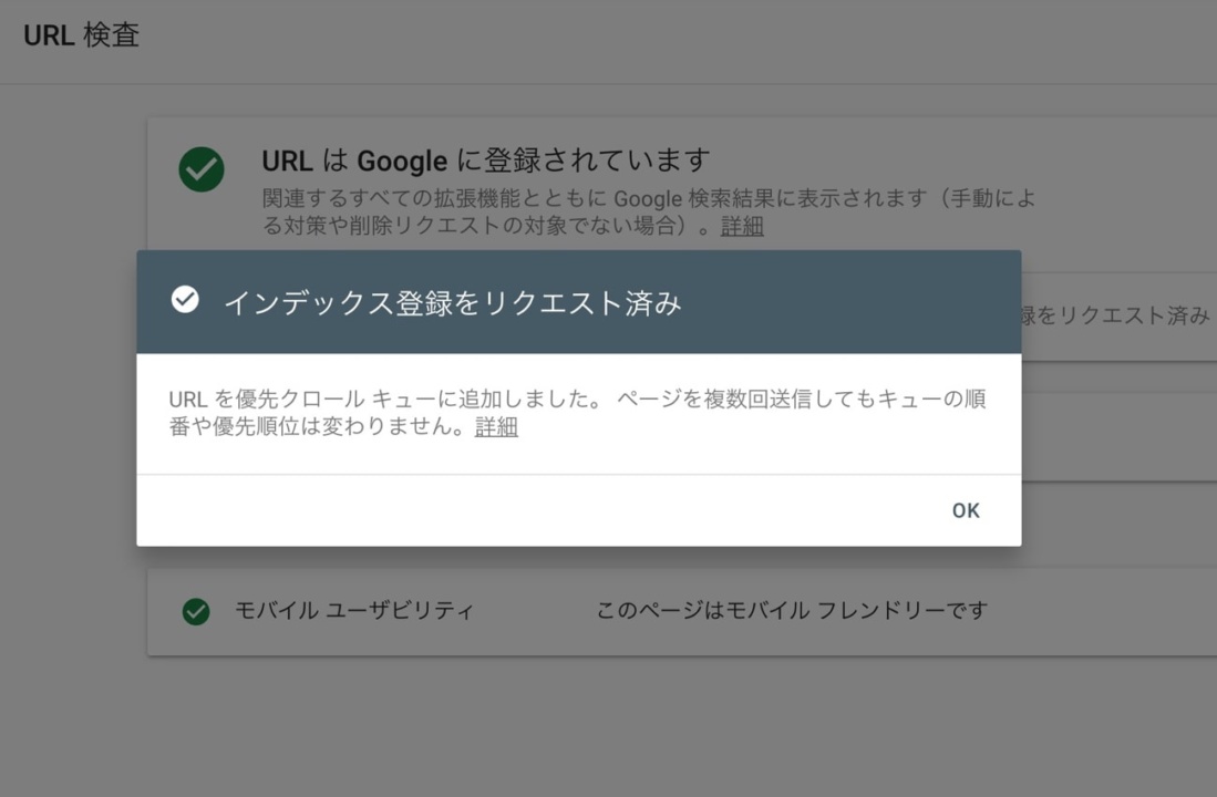 Googleサーチコンソール:インデックス登録リクエスト完了画面のイメージ